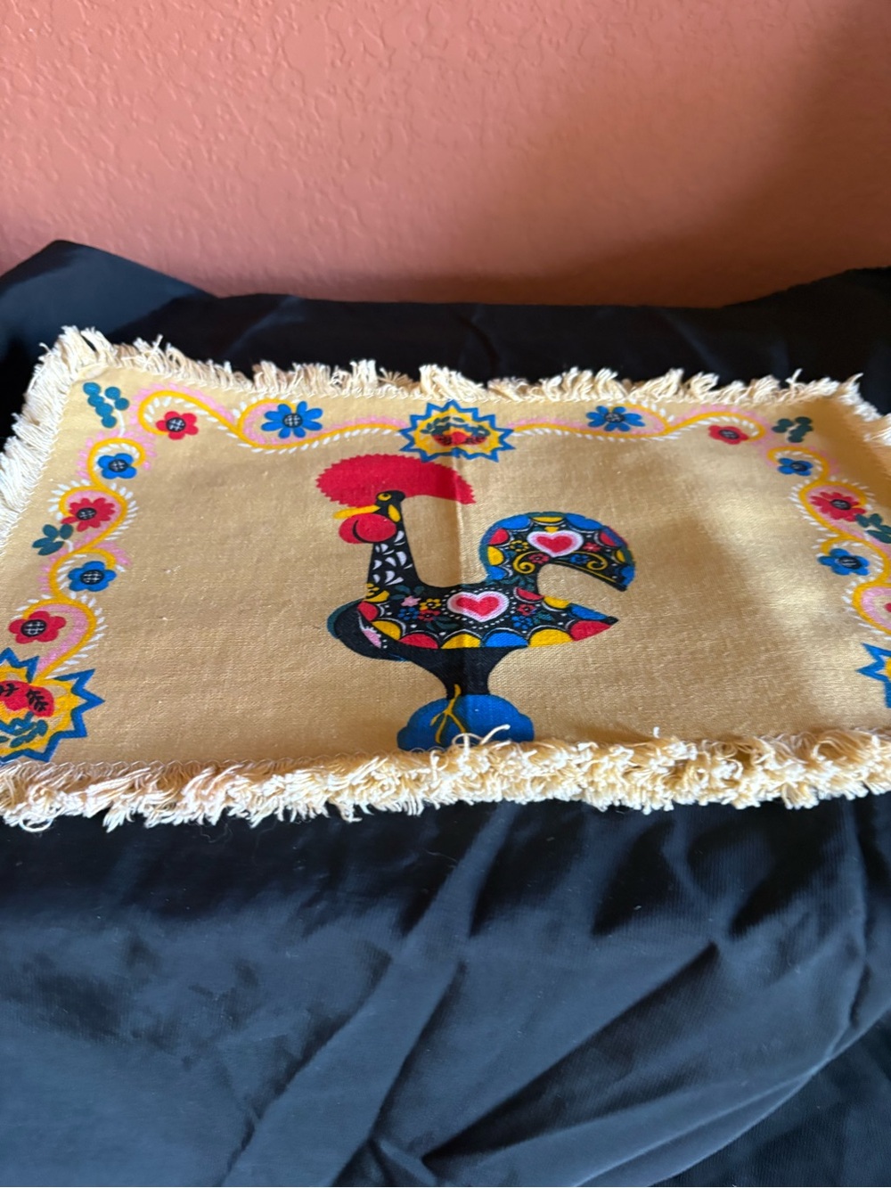 Source Unknown Yellow Rooster Printed Fringe Placemat with Multicolor Accents